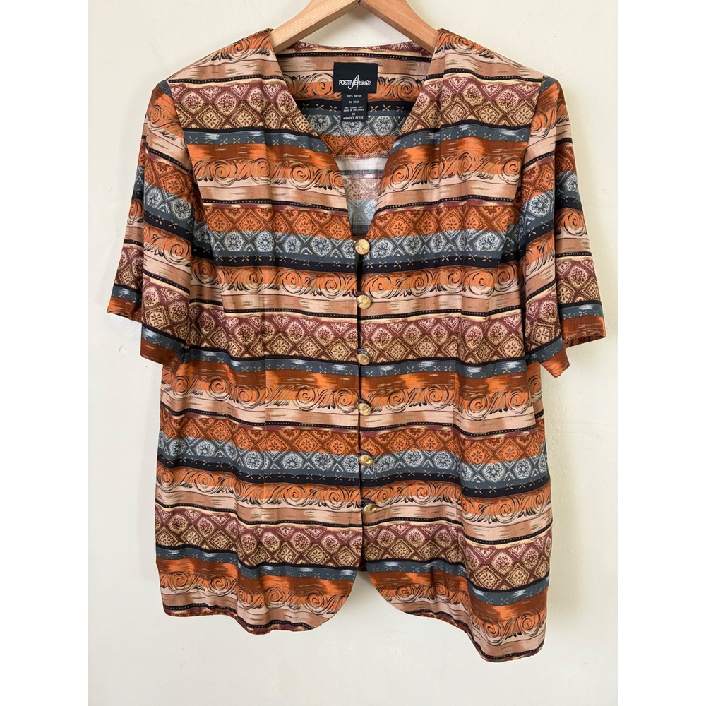 VTG Positive Attitude Rayon Blouse Orange Brown Geometric Print Petite 16 Fall